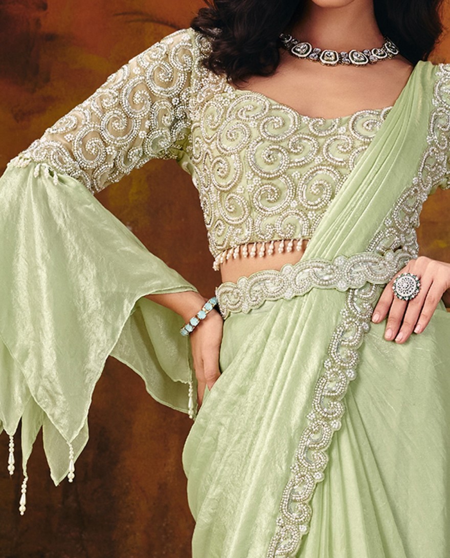27117 - Pista Green Embroidered Wedding Party Designer Saree